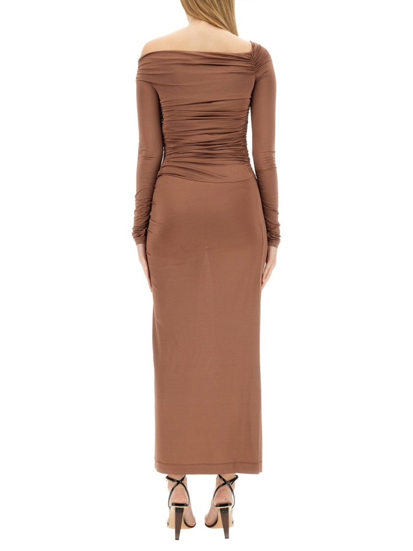 Helmut Lang Brown Off-Shoulder Midi Dress