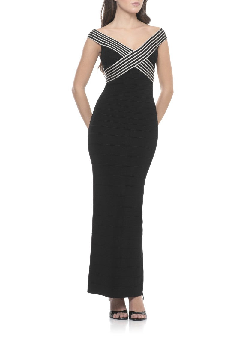 Elisabetta Franchi Black V-Neck Midi Dress With Striped Accents