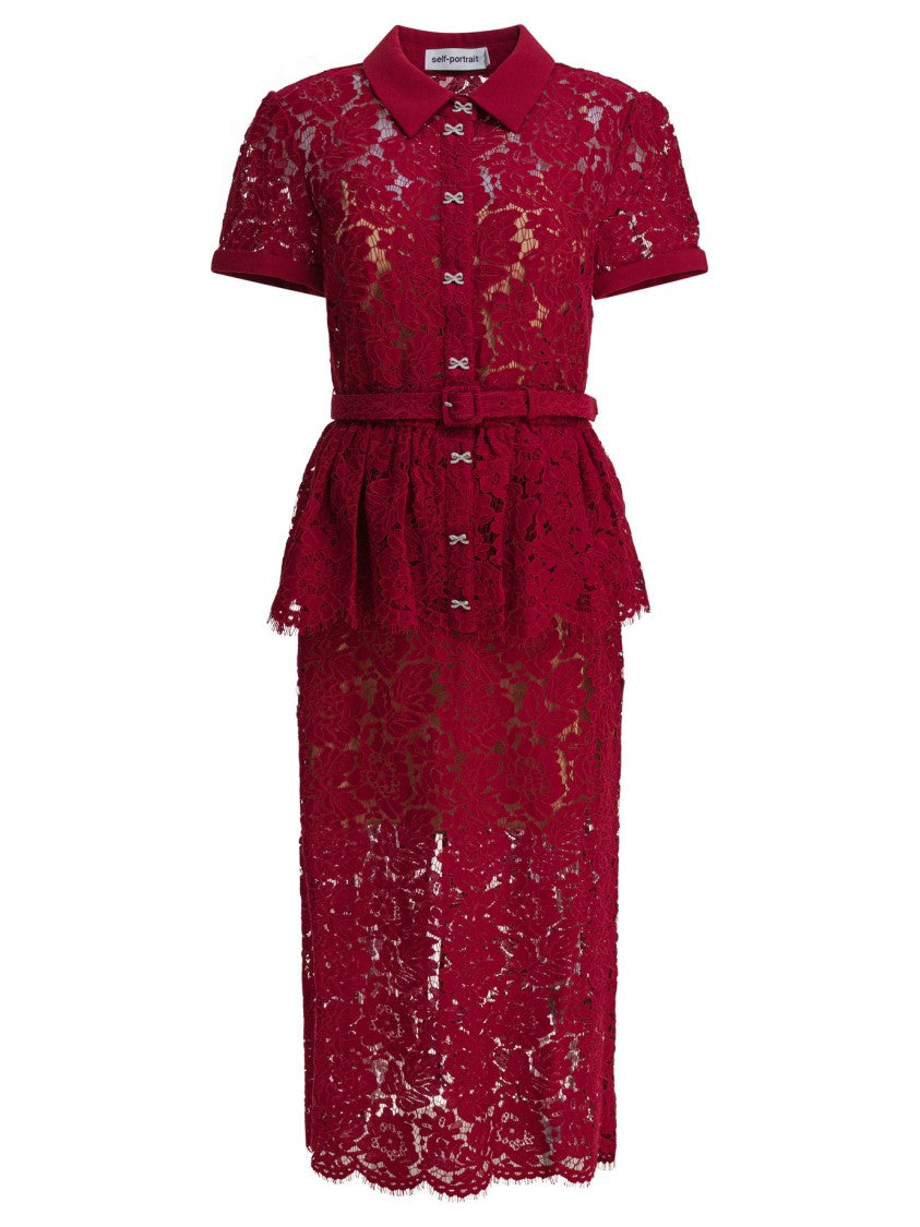 Self-Portrait Bordeaux Lace Peplum Midi Dress