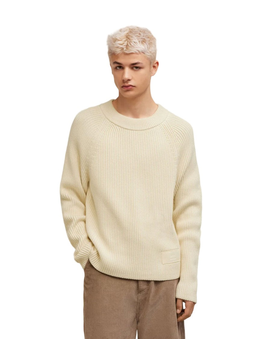 Ami Paris Ecru-Beige Ribbed Crew-Neck Sweater