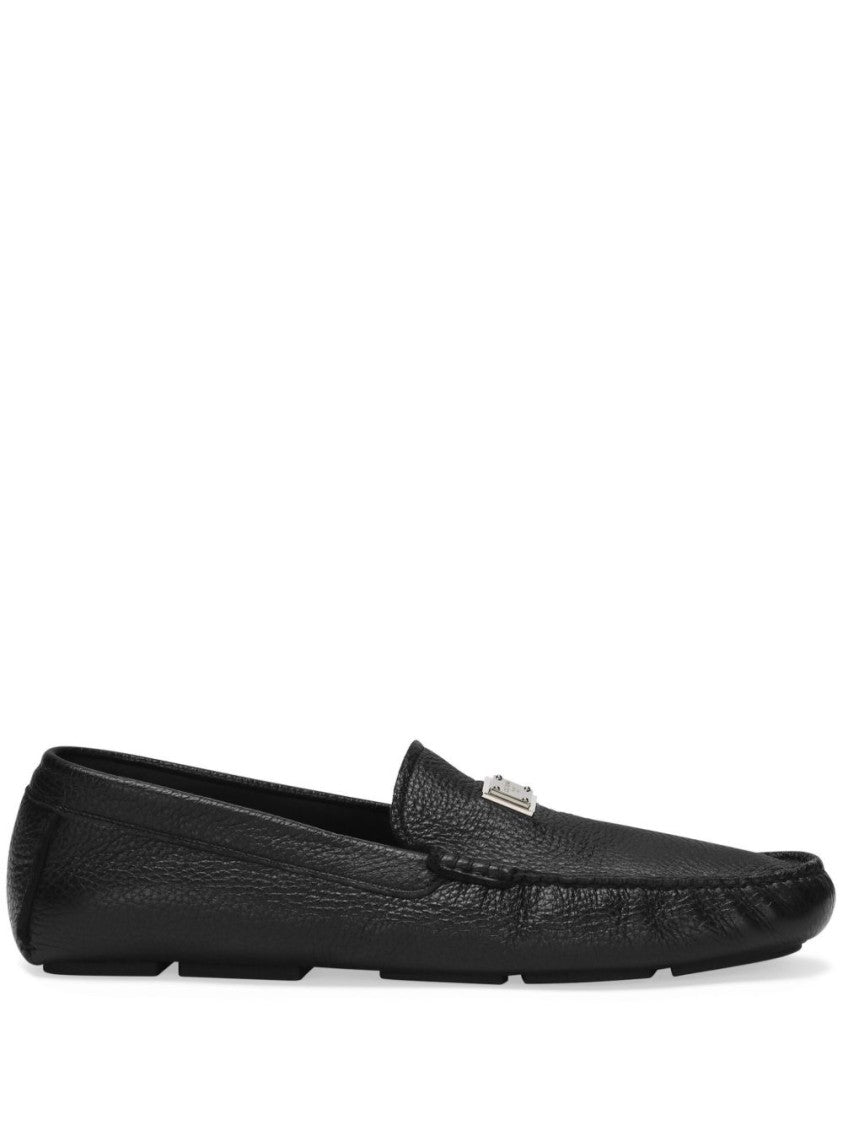 Dolce & Gabbana Grained Deerskin Leather Loafers With Logo Plaque