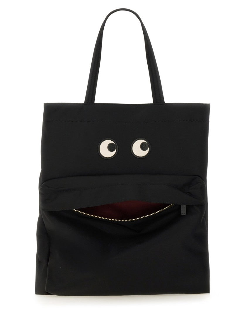 Anya Hindmarch Playful Black Tote With Eye Motifs And Zippered Pocket