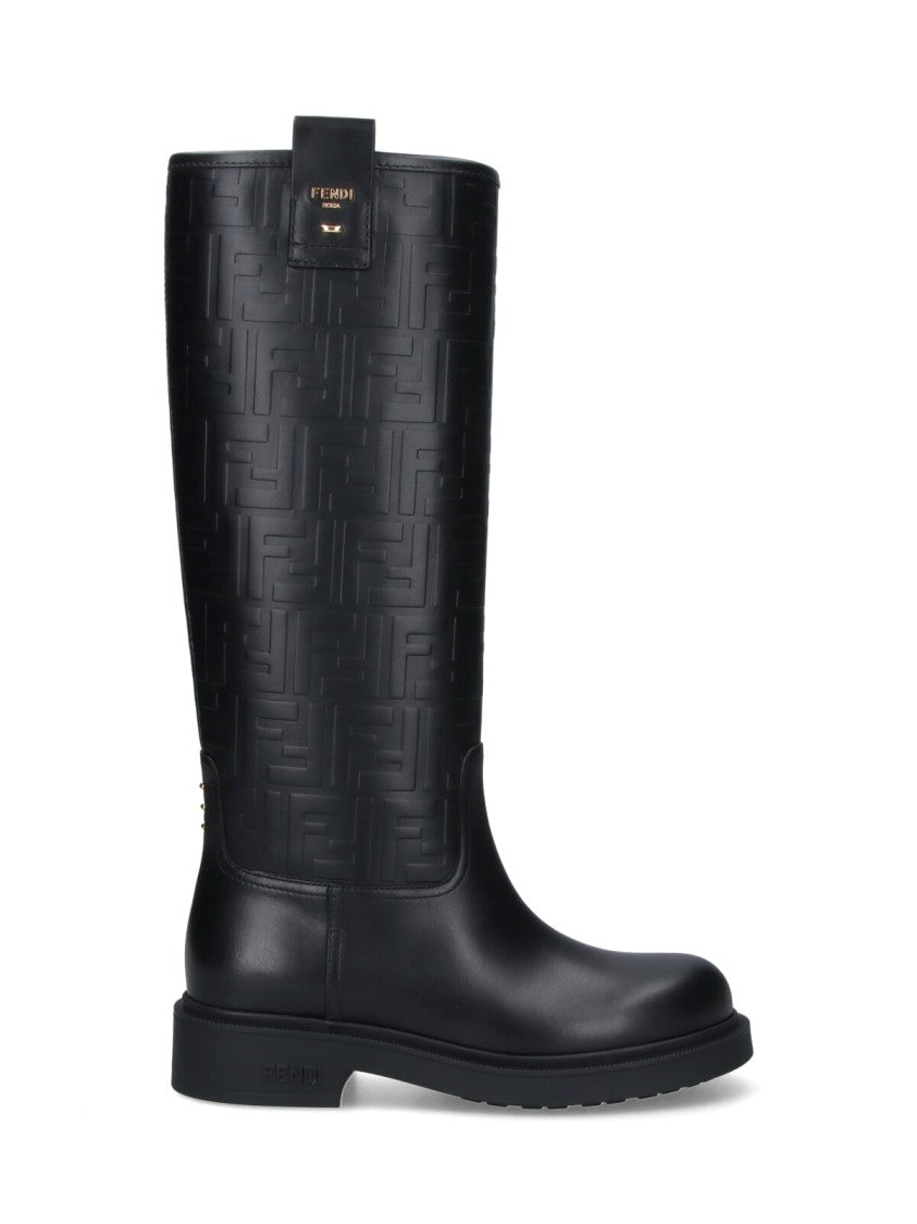 Fendi Tall Black Calf Leather Boots With Embossed Ff Pattern And Gold Accents