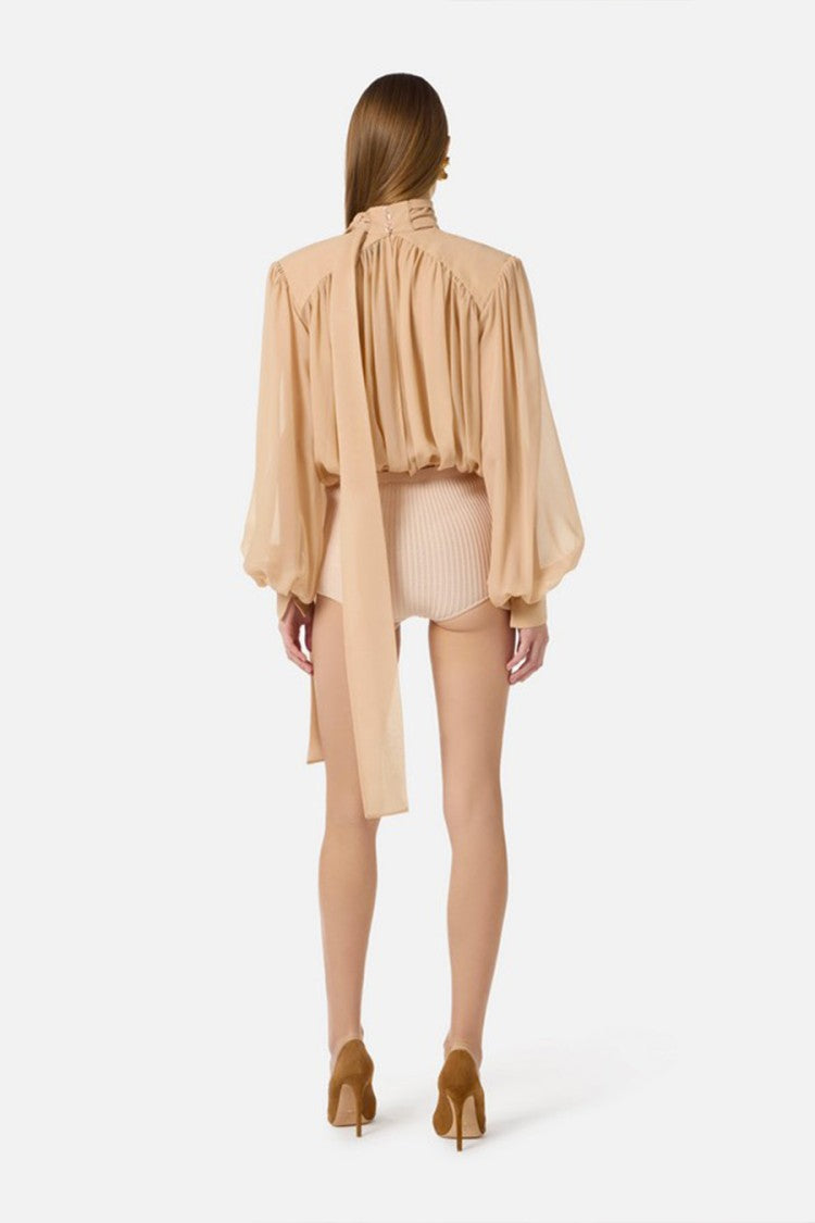 Elisabetta Franchi Beige Tie-Neck Bishop Sleeve Silk Bodysuit