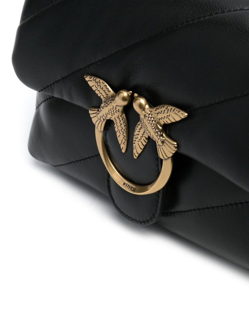 Pinko Quilted Black Shoulder Bag With Gold-Tone Bird Motif