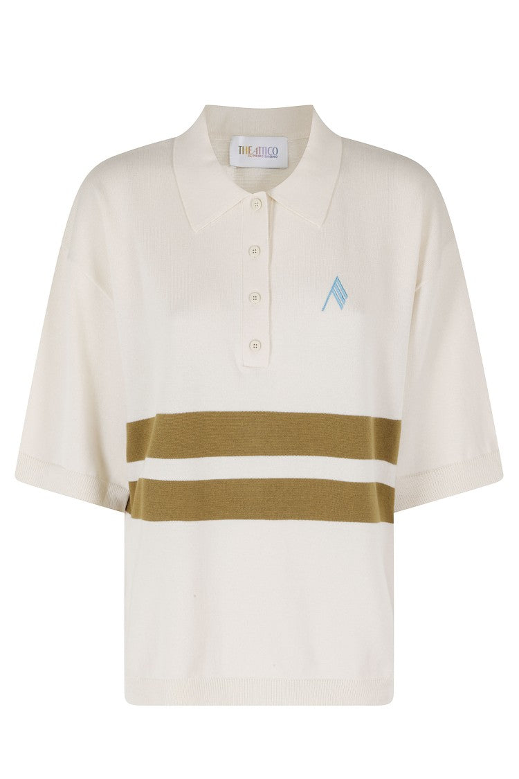 The Attico Beige Striped-Inserts Embroidered-Logo Cotton Polo Shirt