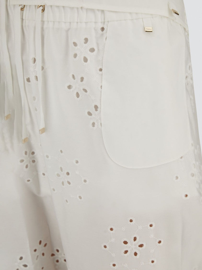 Herno White Raised Embroidery Cotton Wide-Leg Pants