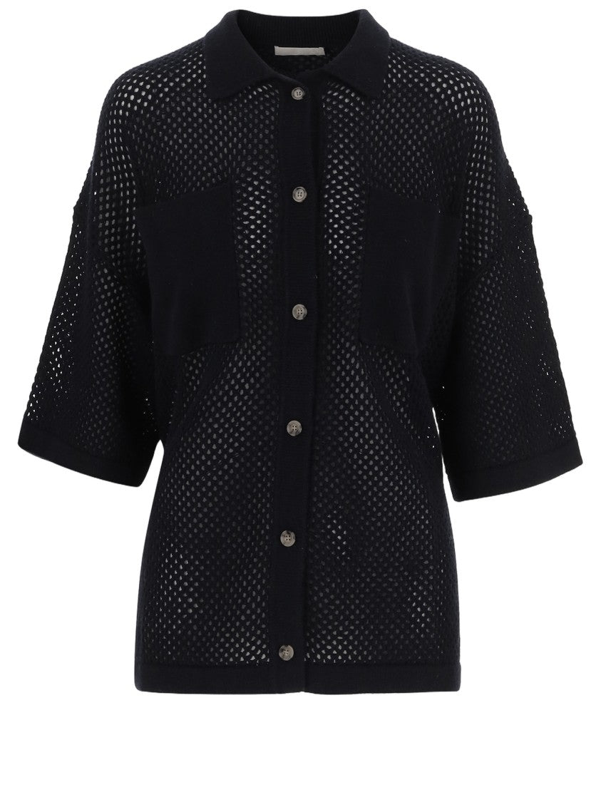 Allude Short-Sleeved Geometric Pattern Cardigan With Front Button Closure