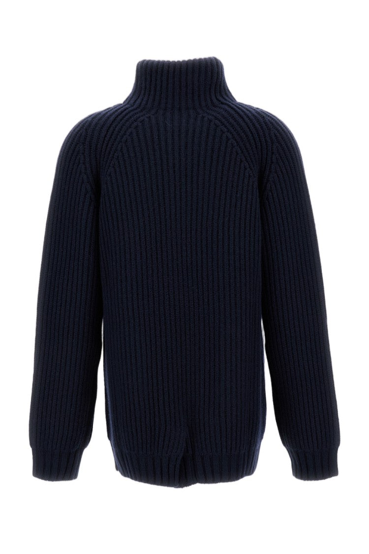Meta Campania High Collar Ribbed Knit Jacket With Button Closure