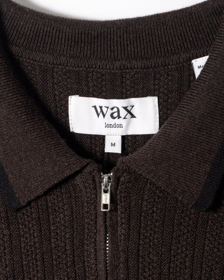 Wax London Dark Brown Ribbed Zip Closure Polo Shirt