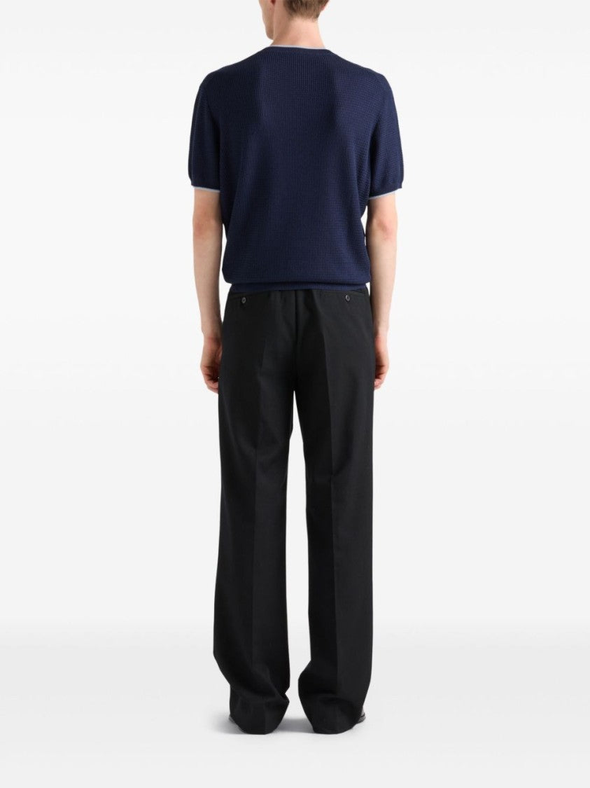 Prada Navy Blue Short-Sleeve Sweater With Contrasting Border