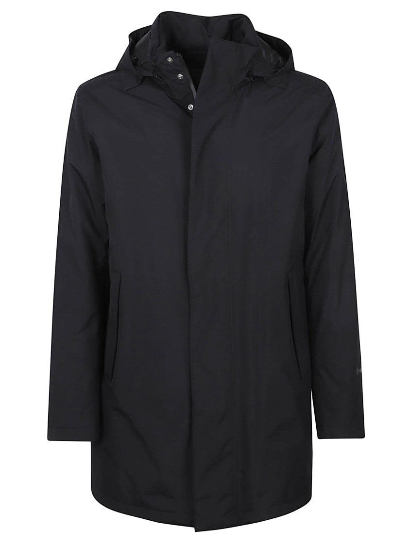 Herno Minimalist Black Coat With Concealed Closure And Hood