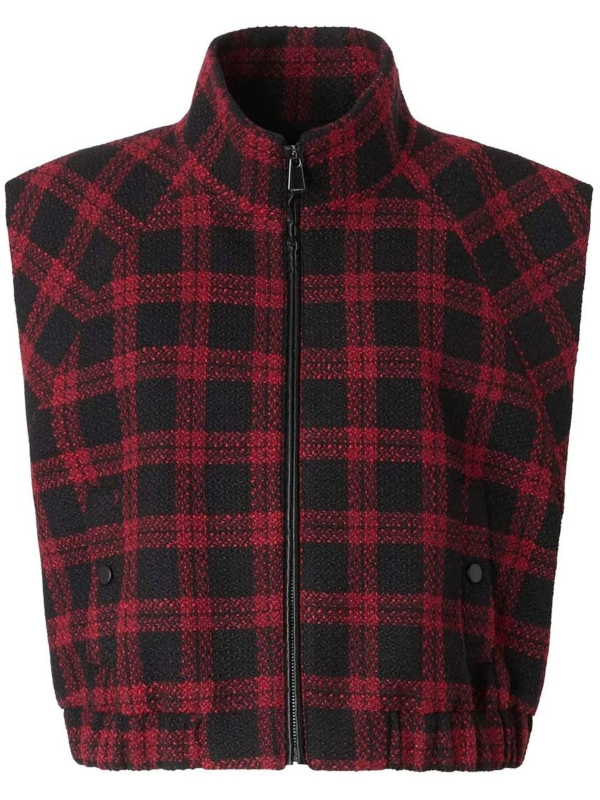 Pinko Cropped Red And Black Checkered Tweed Gilet With High Collar