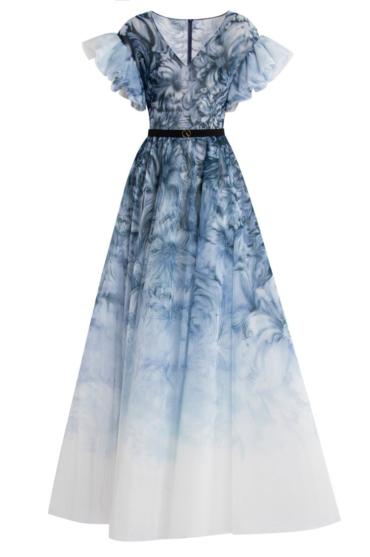 Saiid Kobeisy Tulle Printed Dress With Pleated Sleeves