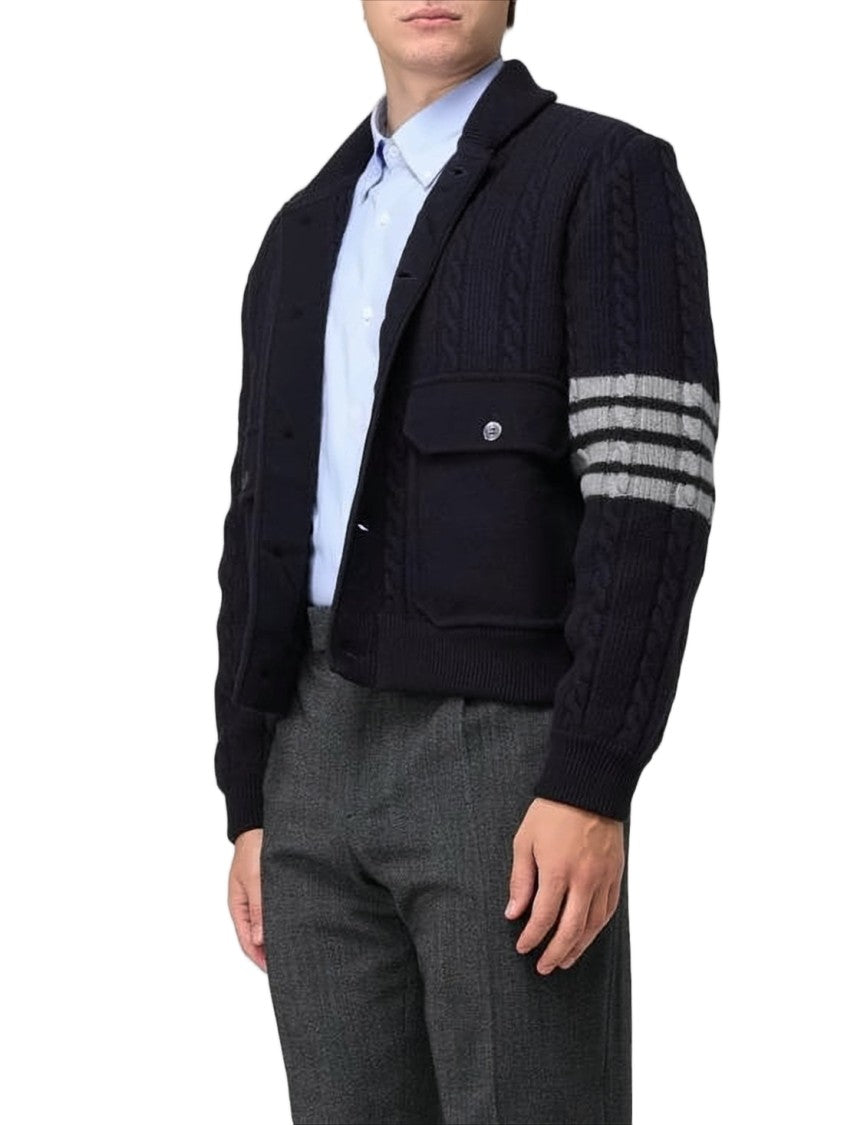Thom Browne Navy Blue Cable-Knit Jacket With Button-Up Front