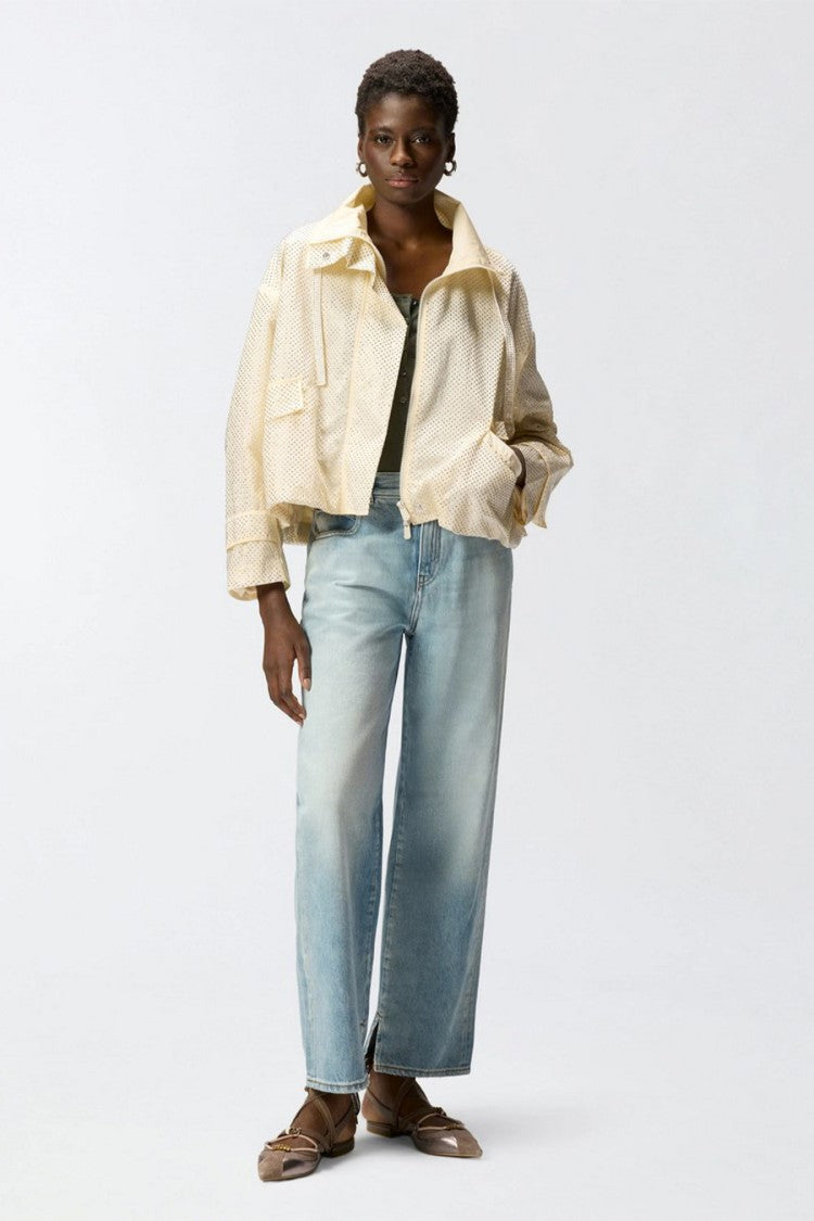 Pinko White Perforated Rhinestone Funnel Neck Nylon Jacket