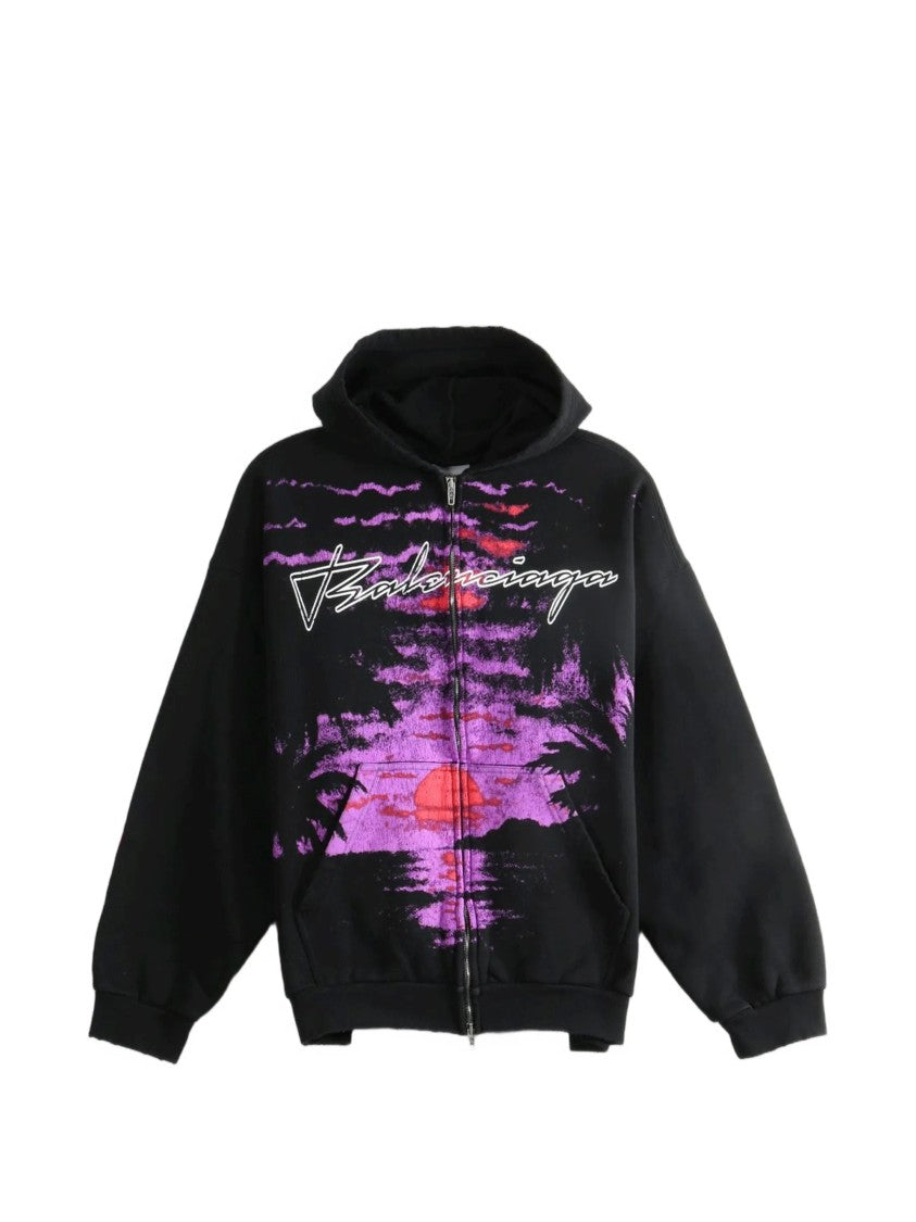 Balenciaga Graphic Print Zip-Up Hoodie With Relaxed Fit