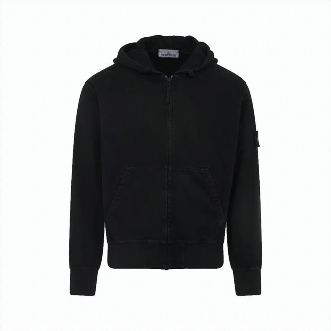 Stone Island Black Cotton Zip-Up Hoodie With Iconic Patch