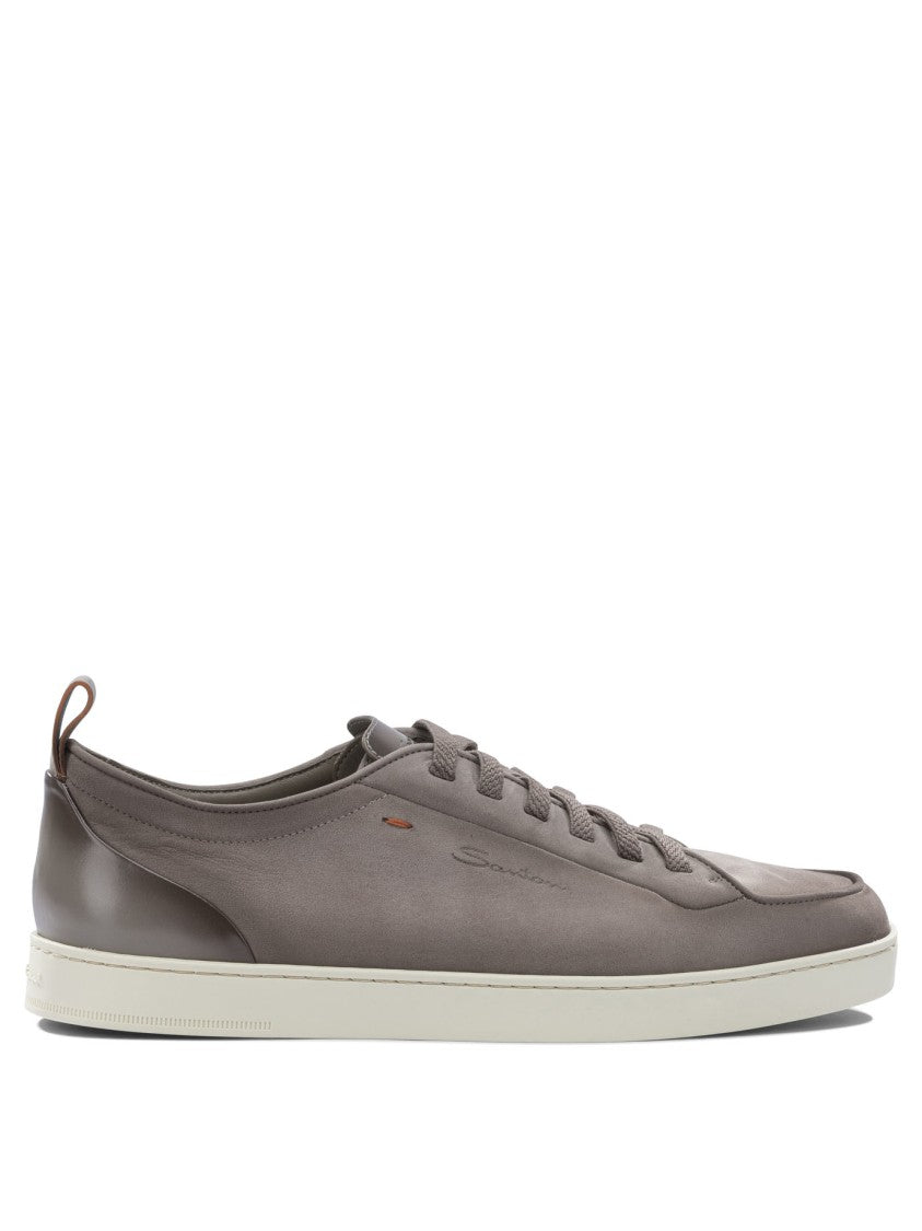 Santoni Muted Taupe Leather Slip-On Sneakers With Contrasting Sole
