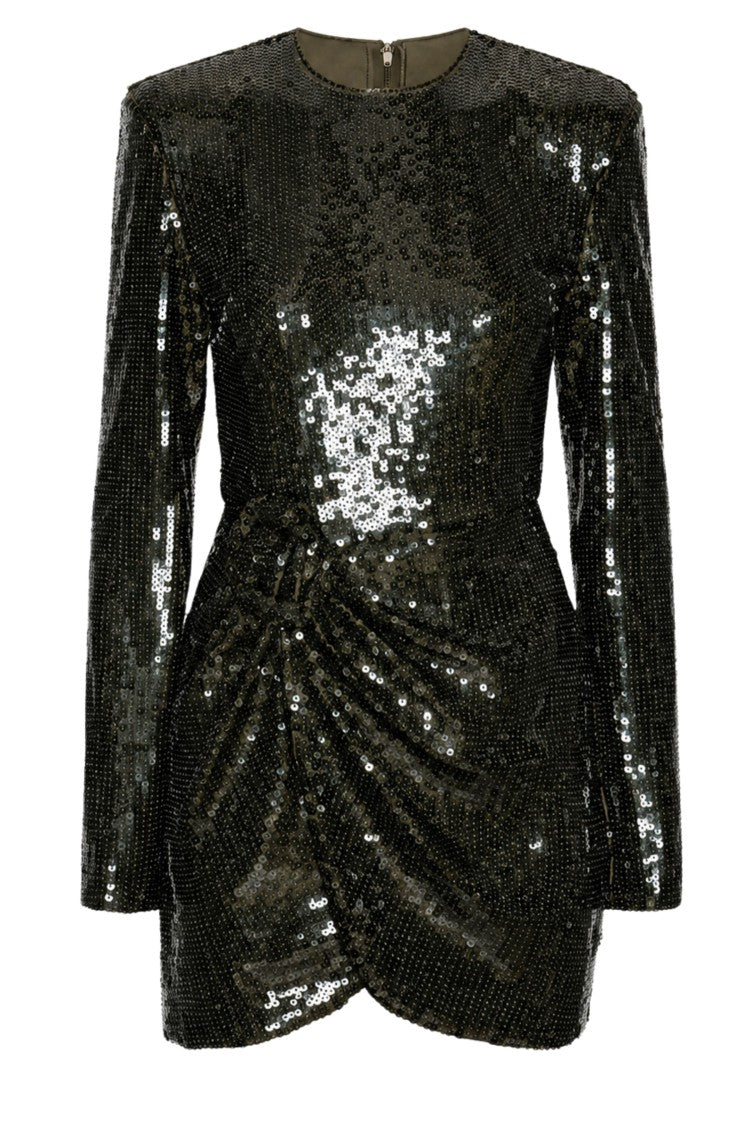 Rotate Olive Green Sequins Draped Floral Applique Mini Skirt