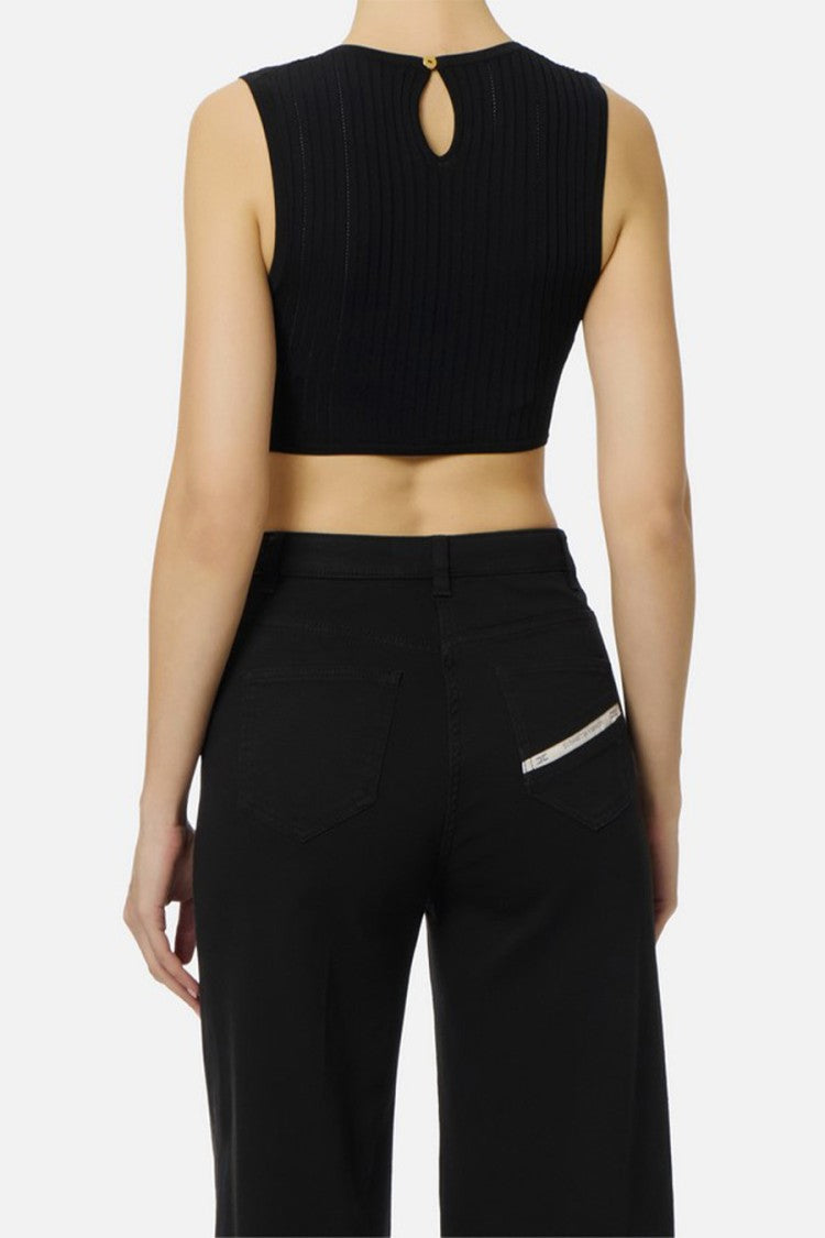 Elisabetta Franchi Black Ribbed Crossover Wrap Jewel Clasp Viscose-Blend Tank Top