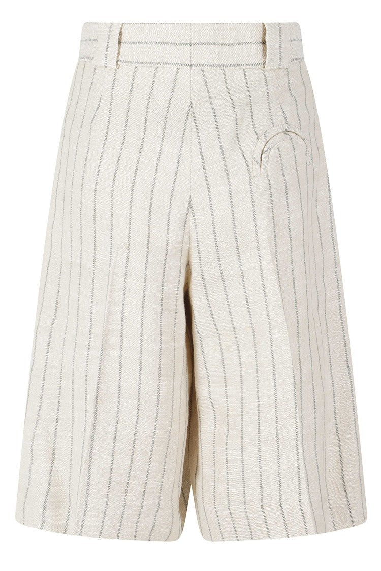 Blazé Milano Beige Serene Husul Striped Smiley-Detail Linen-Blend Shorts