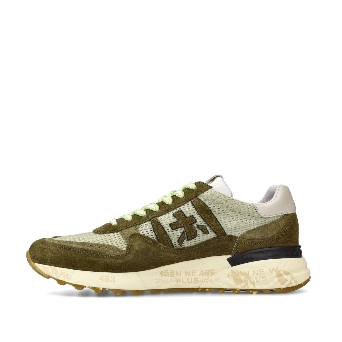 Premiata Landeck Sneakers In Green Suede And Natural Mesh Fabric