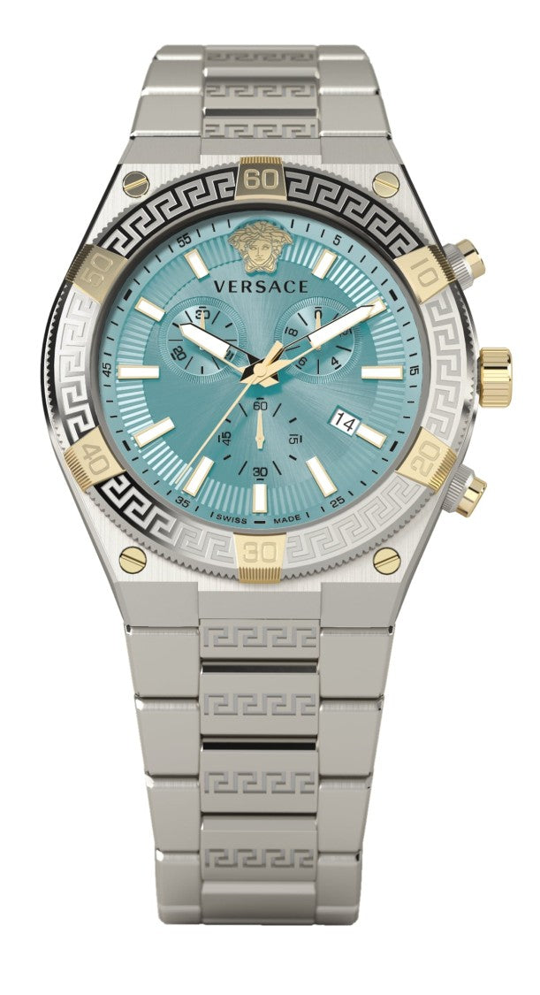 Versace Sporty Greca Chronograph In Bicolor Steel With Turquoise Dial