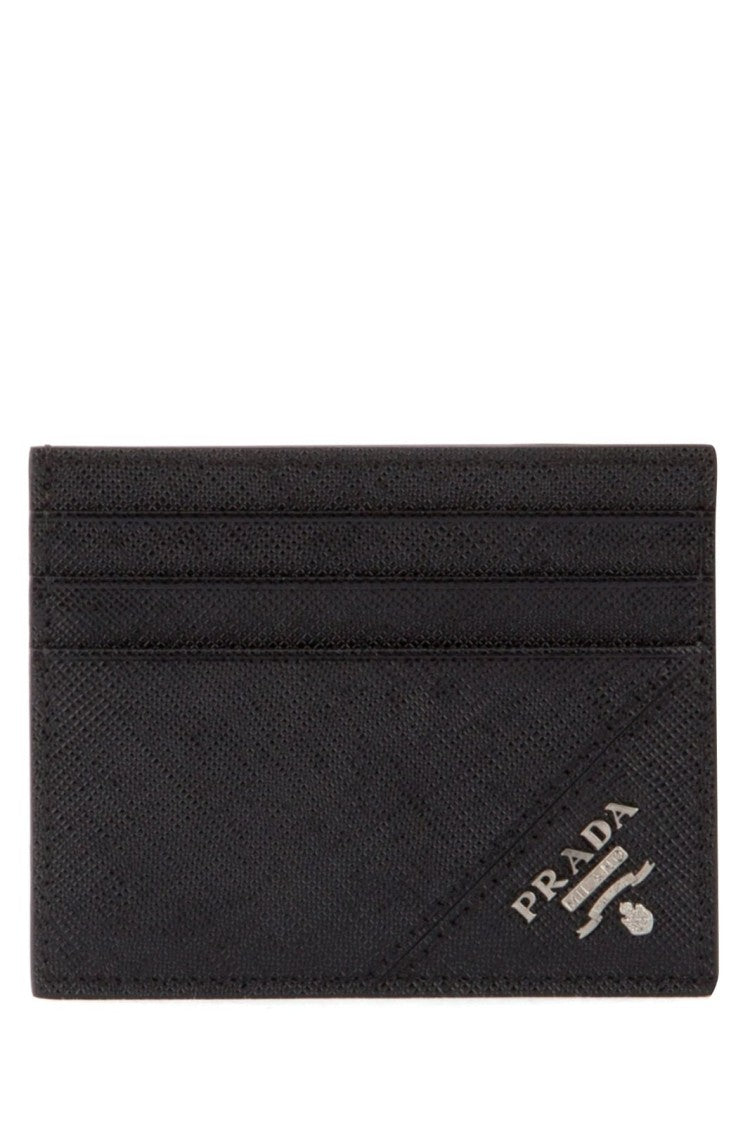 Prada Textured Black Card Wallet With Metallic Logo Detail
