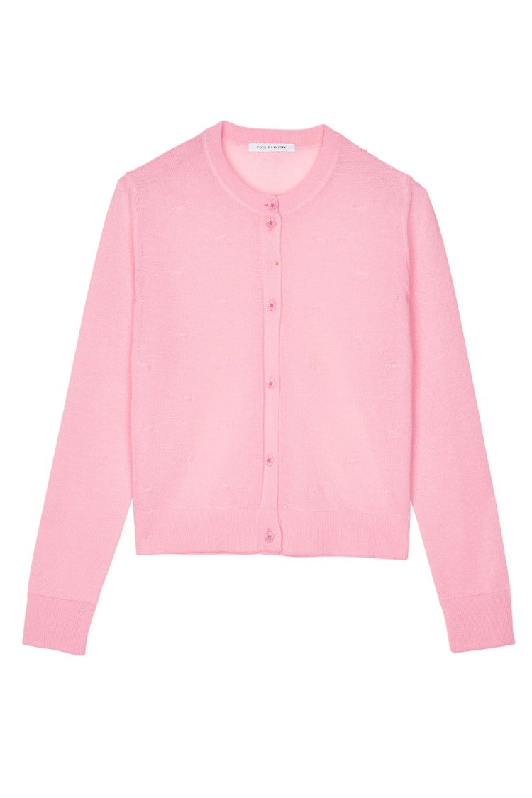 Cecilie Bahnsen Cropped Cardigan With Checkerboard Hem And Flower-Shaped Buttons