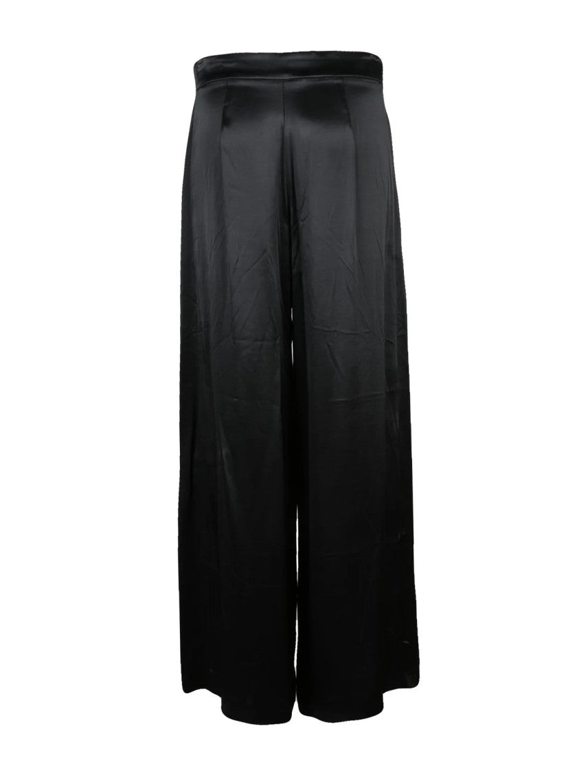 Meimeij Black Pleated Wide-Leg Satin Viscose Pants