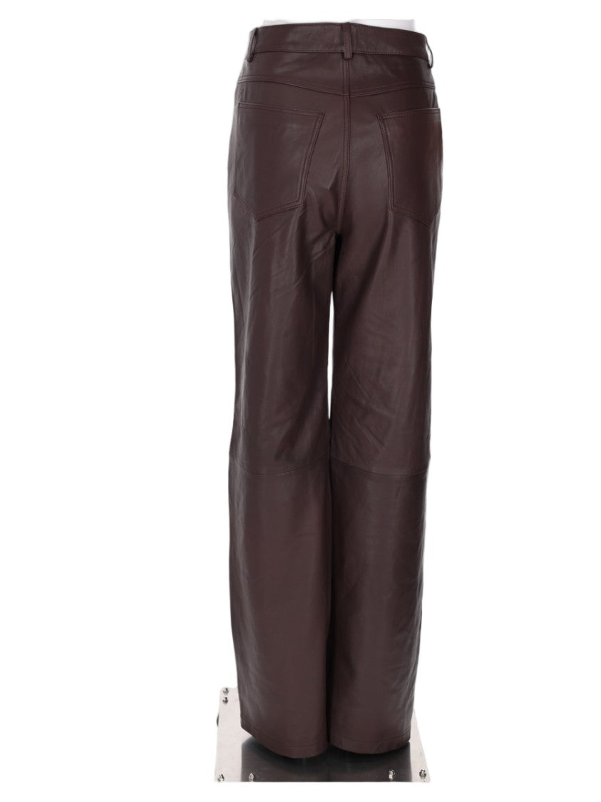 Rotate Wide Leg Brown Lamb Leather Trousers With High Waist Design