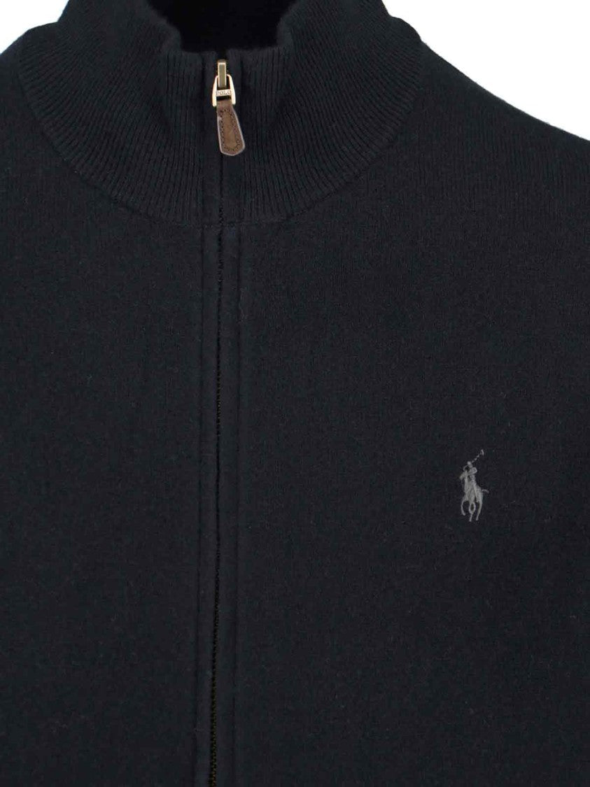 Polo Ralph Lauren High Collar Black Wool Zip-Up Polo With Logo Embroidery