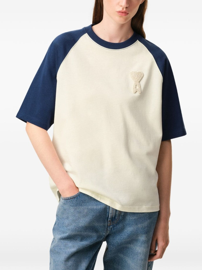 Ami Paris Beige Two-Tone T-Shirt With Navy Raglan Sleeves