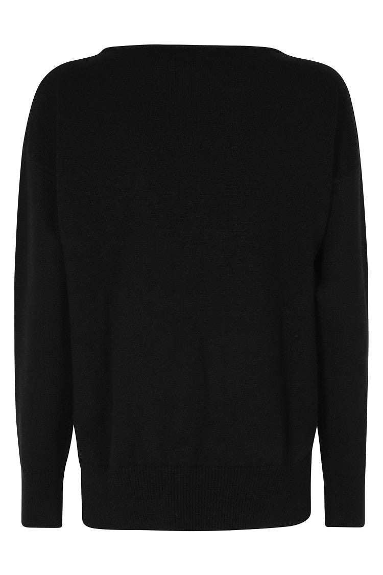 Alberta Ferretti Black Ribbed Trim Removable Jewel Round Neck Wool-Blend Sweater