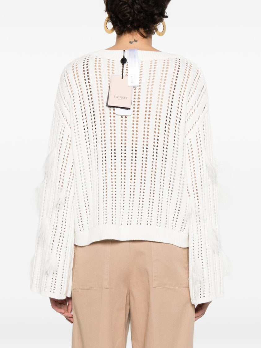 Twin-Set Textured Knit Sweater With Feather-Like Embellishments