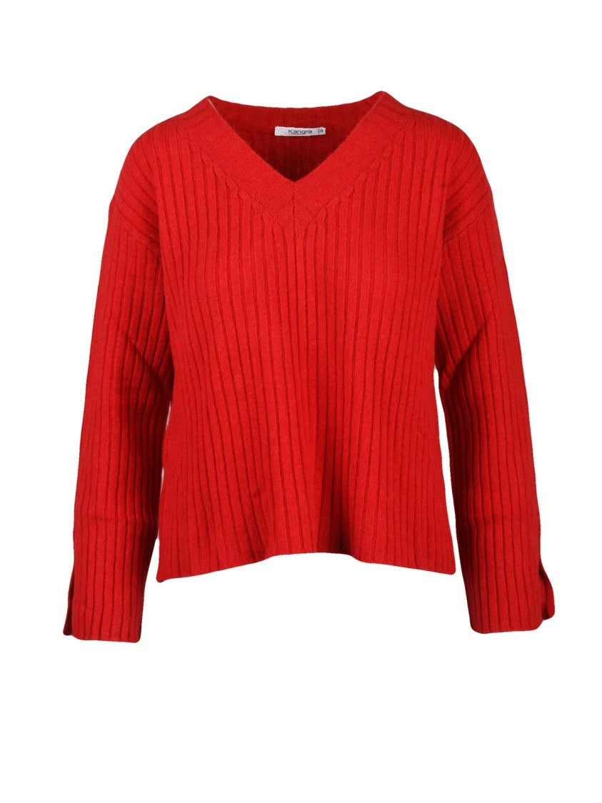 Kangra Ribbed V-Neck Cashmere-Wool Pullover With Side Slit Cuffs