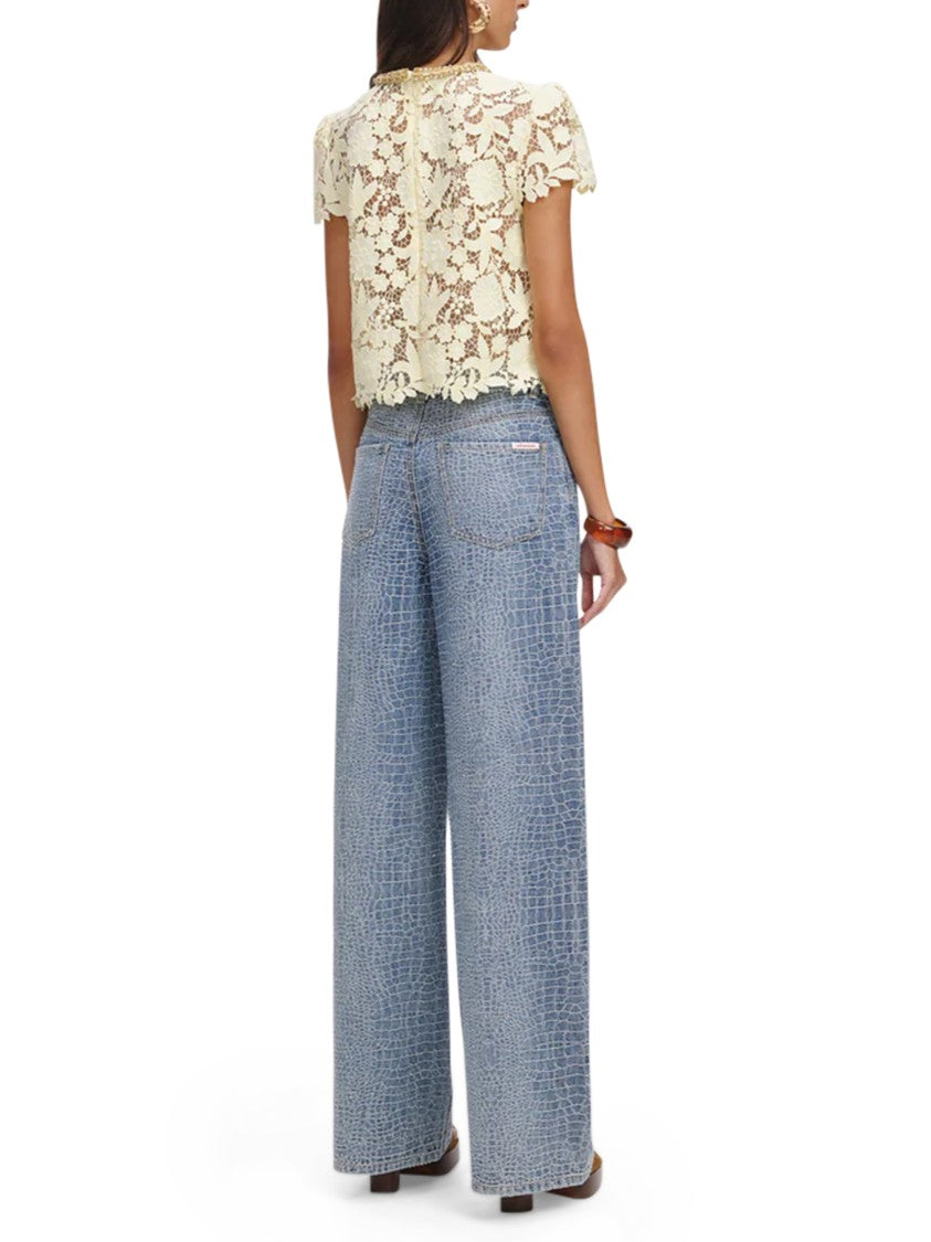 Self-Portrait Intricate Floral Lace Top With Gold Embellishments