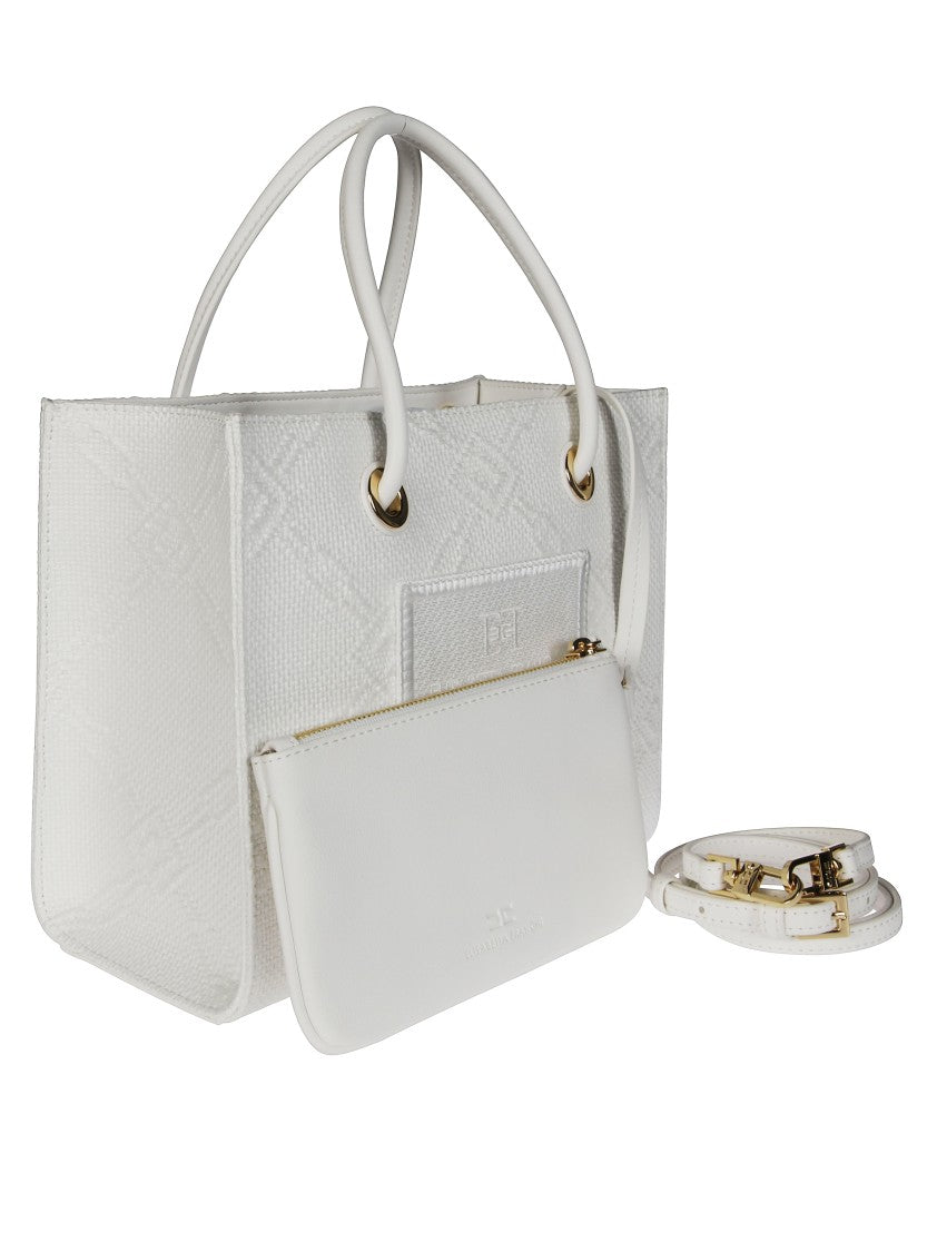 Elisabetta Franchi Structured White Raffia Tote Bag With Gold-Tone Accents