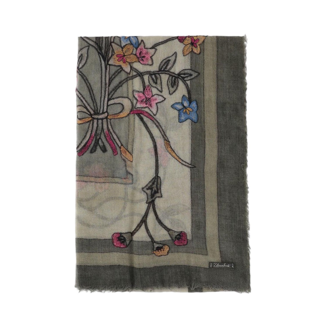 Faliero Sarti Rectangular Wool Scarf With Floral Embroidery And Fringed Edges