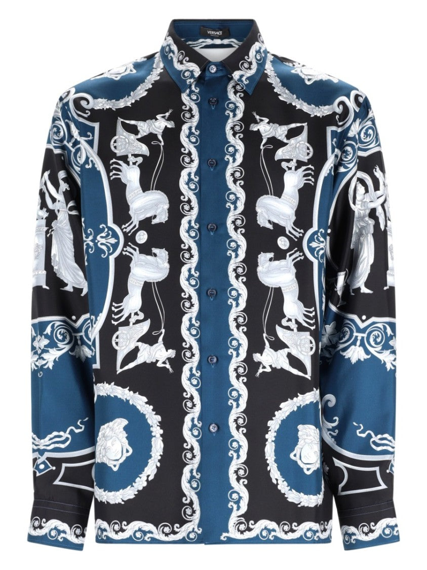 Versace Deep Blue Baroque Motif Printed Silk Shirt
