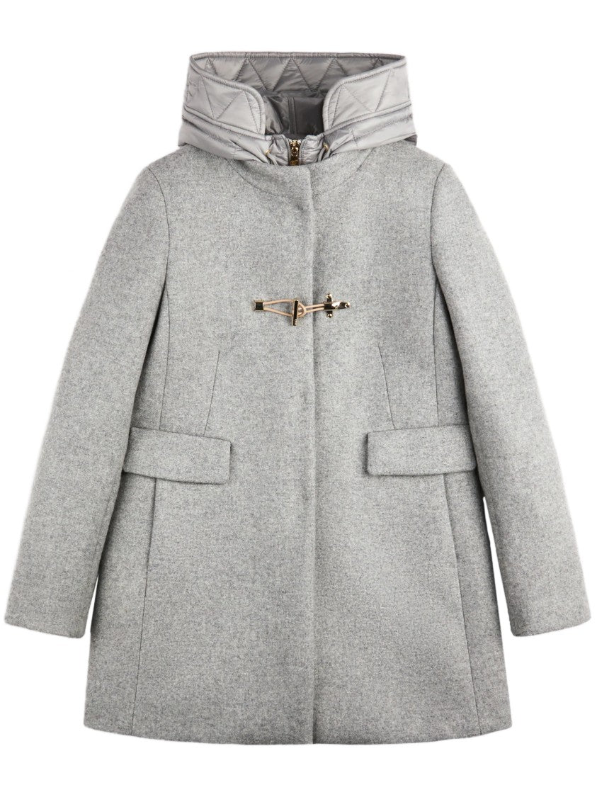 Fay Tailored Grey Coat With Quilted Hood And Gold-Tone Toggle