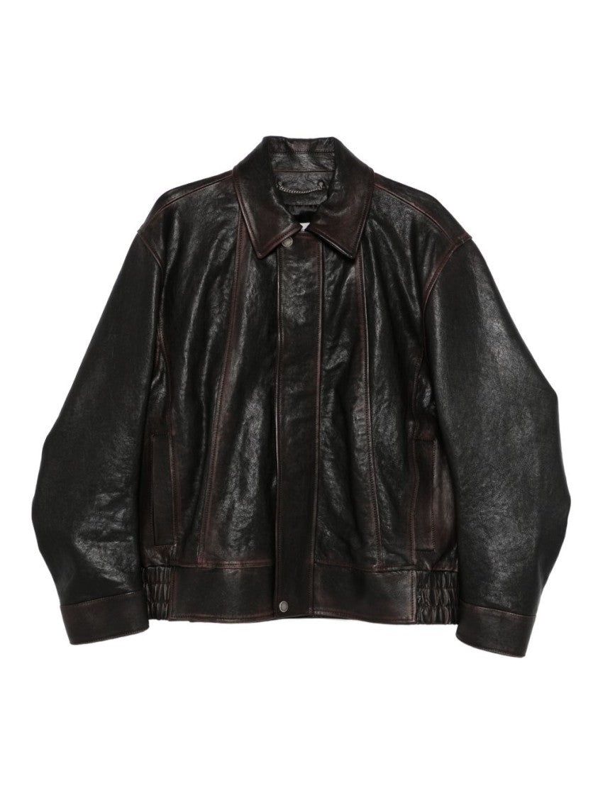 Golden Goose Structured Brown Sheep Leather Jacket With Classic Collar