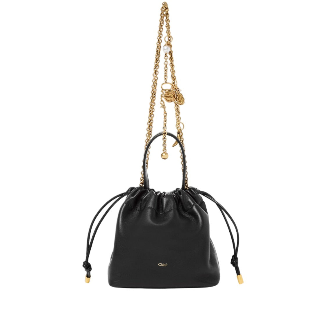 Chloé Mini Leather Shoulder Bag With Drawstring Closure And Decorative Charm Strap