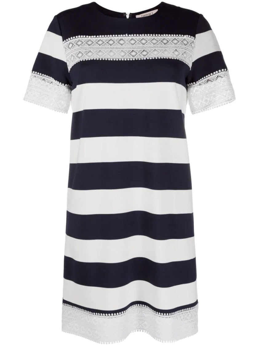 Twin-Set Blue Striped Midi Dress With Lace Trim