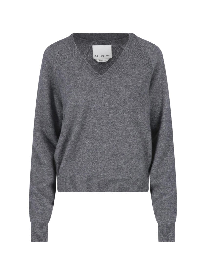 Sa Su Phi Grey V-Neck Cashmere-Blend Sweater