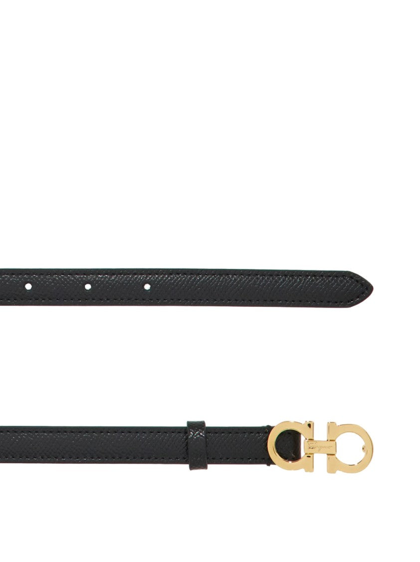 Ferragamo Slim Black Belt With Gold-Tone Double-Ring Buckle