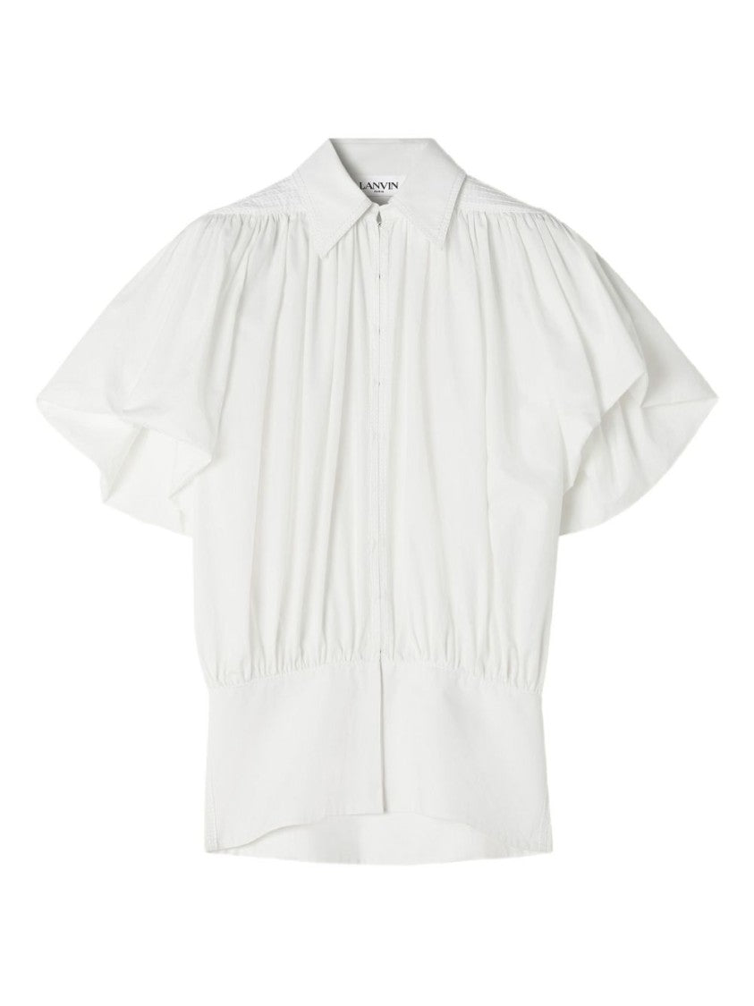 Lanvin Beige Puffed Sleeve Gathered Cotton Top