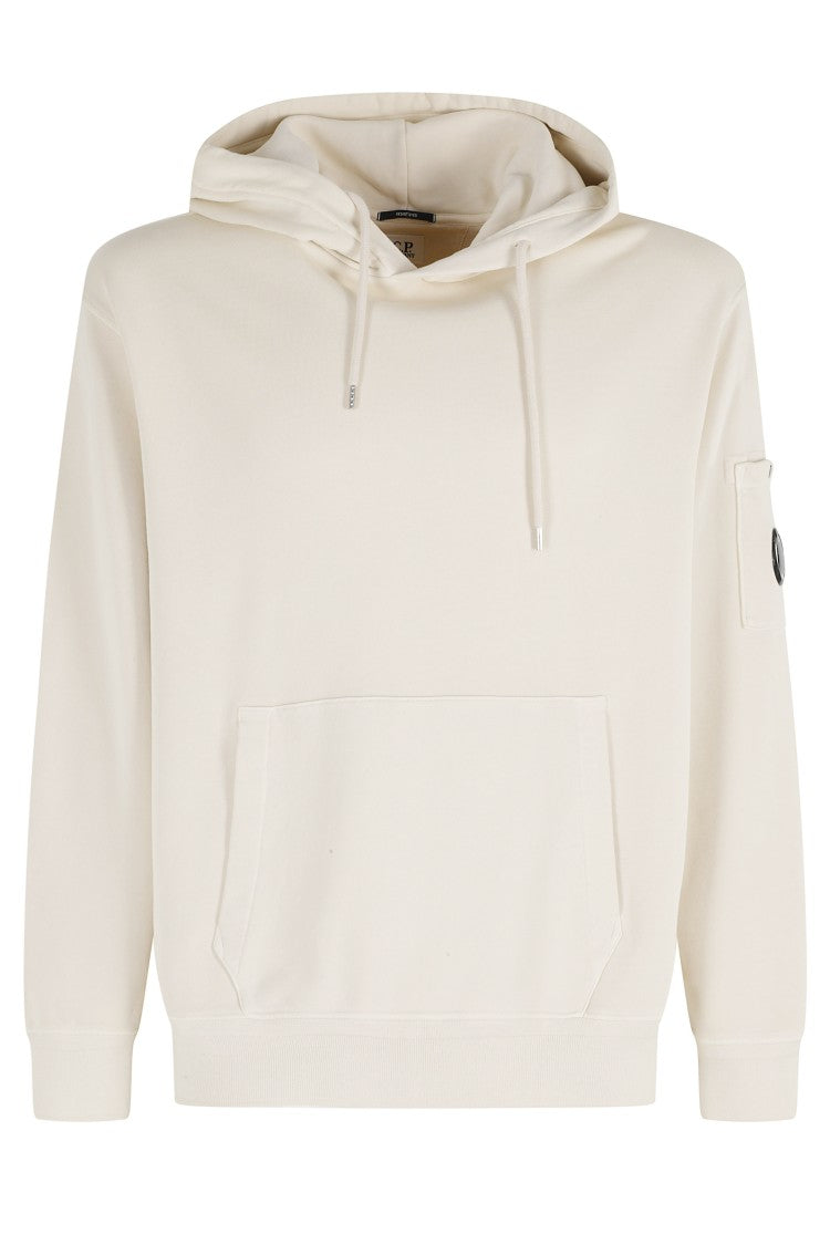 C.P. Company Cream Cotton Diagonal Fleece Hooded Lens Cotton Sweatshirt