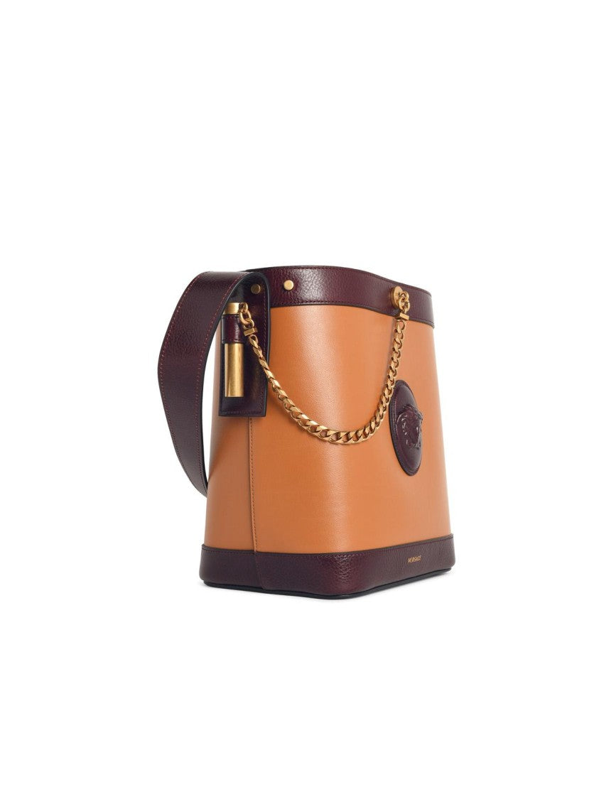 Versace 'Pivot' Small Brown Leather Bucket Bag